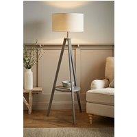 ValueLights Morrigan Grey Wood Tripod Floor Lamp with Linen White Trim Drum Shade in Natural