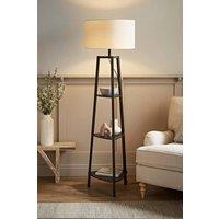 ValueLights Hiru Black 3 Tier Wood Shelf Floor Lamp with Trimmed Linen Drum Shade in White