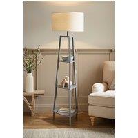ValueLights Hiru Grey 3 Tier Wood Shelf Floor Lamp with Trimmed Linen Drum Shade in White