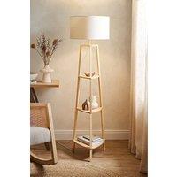 ValueLights Hiru Wooden 3 Tier Shelf Floor Lamp with Trimmed Linen Drum Shade in White