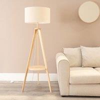 ValueLights Morrigan Natural Wood Tripod Floor Lamp & Linen Trim Shade & Bulb in White