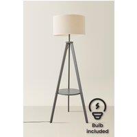 ValueLights Morrigan Grey Wood Tripod Floor Lamp Linen White Trim Shade & Bulb in Natural