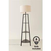 ValueLights Hiru Black 3 Tier Wood Shelf Floor Lamp with Linen Shade & LED Bulb in White