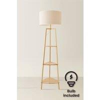 ValueLights Hiru Wooden 3 Tier Shelf Floor Lamp with Trimmed Linen Shade & Bulb in White