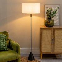 ValueLights Mitch Natural Linen Trim Lamp Shade Black Wood Triangle Floor Lamp with LED Bulb in White