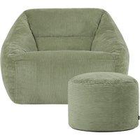 icon Corduroy Bean Bag Armchair & Round Beanbag Footstool in Green