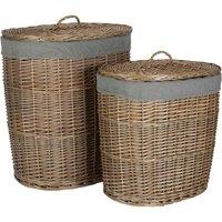 Red Hamper Set of 2 Antique Wash Grey Cotton Lined Oval Willow Laundry Basket in Brown