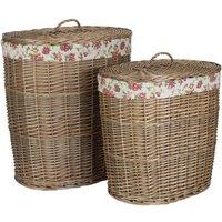 Red Hamper Set of 2 Antique Wash Garden Rose Cotton Lined Oval Laundry Basket in Brown