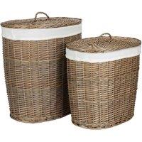 Red Hamper Set of 2 Antique Wash White Cotton Lined Oval Willow Laundry Basket in Brown