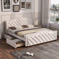 Merax White PU Double Bed Frame with 2 Storage Drawers