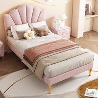 Merax 3ft Single Velvet Upholstered Bed with Shell Headboard in Pink