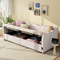 BTM 3ft Single Daybed Hydraulic Storage Upholstered Bed USB Port in Beige