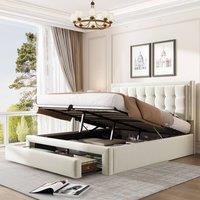 Merax 4FT6 Double Velvet Upholstered Ottoman Bed with Lift Storage & Drawer in Beige