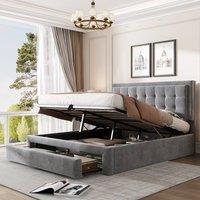 Merax 4FT6 Double Velvet Upholstered Ottoman Bed with Lift Storage & Drawer in Grey