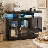 HOMCOM High Gloss Sideboard with LED Lights, Power Outlets, Drawers in Black