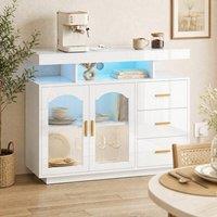 HOMCOM High Gloss Sideboard with LED Lights, Power Outlets, Drawers in White