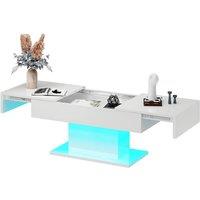 KEEPREAPER White High-Gloss Coffee Table Sliding Top Hidden Drawers 16-Color LED