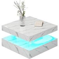 KEEPREAPER Modern Marble Finish Square Coffee Table with LED Light 2-Tier Storage in White
