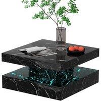 KEEPREAPER Modern Marble Finish Square Coffee Table with LED Light 2-Tier Storage in Black