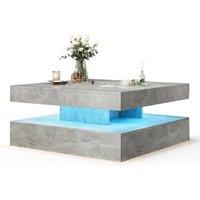 KEEPREAPER Modern Marble Finish Square Coffee Table with LED Light 2-Tier Storage in Grey