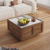 KEEPREAPER Farmhouse Square Coffee Table with 2 Storage Drawers Wood Mid-Century in Light Brown