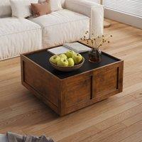 KEEPREAPER Farmhouse Square Coffee Table with 2 Storage Drawers Wood Mid-Century in Brown