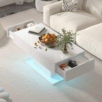 KEEPREAPER Rectangular LED Coffee Table with 2 Drawers High Gloss Wood in White