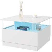 KEEPREAPER Square Coffee Table with 2 Drawers & LED Light Modern Storage in White