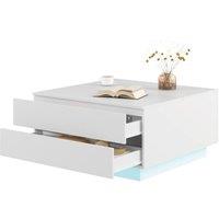 KEEPREAPER Modern Square LED Coffee Table Flip-Top with 2 Drawers Storage in White