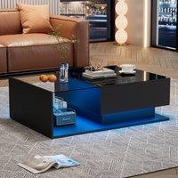 STILVORA LED Coffee Table with Drawer & Tempered Glass Top in Black