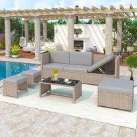 SONARA Rattan Garden Furniture: 4-6 Seater Set with Table & Stool in Light Grey