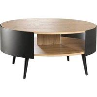 CALICOSY Round Coffee Table With 2 Tiers, Black Metal Sides, 80Cm in Light Oak