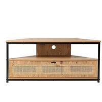 CALICOSY Corner TV Unit With 1 Door & Rattan Caning, 100 Cm Wide - JAYA in Light Brown