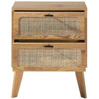 CALICOSY 2-Drawer Bedside Table With Wood Finish & Rattan Fronts, 45 Cm in Light Brown