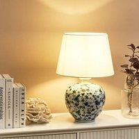 Wyld and Coco Porcelain Floral Table Lamp White Base Blue Flower Detail Linen