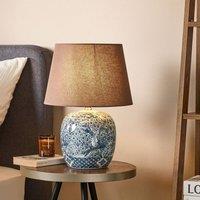 Wyld and Coco Bluehaven Blue White Porcelain Bedside Lamp Brown Linen Shade 53cm