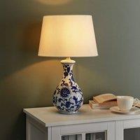 Wyld and Coco Blue and White Floral Porcelain Table Lamp - Linen Drum Shade