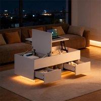 BTM Lift Top Coffee Table LED Drawers High Gloss Sofa Side Table in White