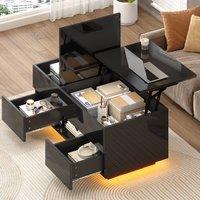BTM Lift Top Coffee Table LED Drawers High Gloss Sofa Side Table in Black