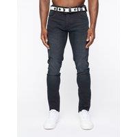 Crosshatch Barbeck Men's Slim-Fit Stretch Denim Jeans with Branded Belt in Mid Navy | Size: 32R