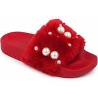 Spot On Women's Pearl Detail Faux Fur Slider Slippers in Scarlet | Size: 7