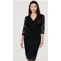 Izabel London Women's Lace 3/4 Sleeve Faux Wrap Front Dress in Black | Size: 8