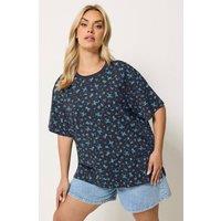 Yours Women's Ditsy Floral Boxy T-Shirt in Dark Navy | Size: 14