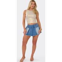 EGO Women's Pleated Denim Low Rise Mini Skort in Mid Blue | Size: 8