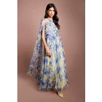 Coast Women's Pleated Mesh Printed Cape Maxi Dress With Gemstone in Lemon | Size: 10