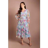 Coast Women's Printed Floral Mesh Midi Dress in Blue | Size: 8