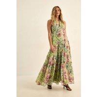 NastyGal Women's Floral Chiffon Patchwork Ruffle Halter Neck Maxi Dress in Lime | Size: 12