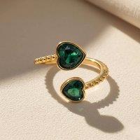 Harfi Women's Double Heart Emerald May Birthstone Adjustable Gold Plated Ring