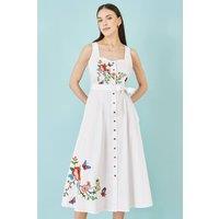 Yumi Women's Cotton Midi Dress With Embroidery in White | Size: 10