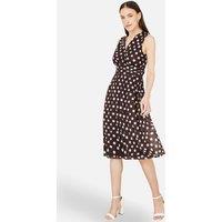 Yumi Women's Brown Polka Dot Mesh Wrap Skater Dress With Pockets in Chocolate | Size: 16